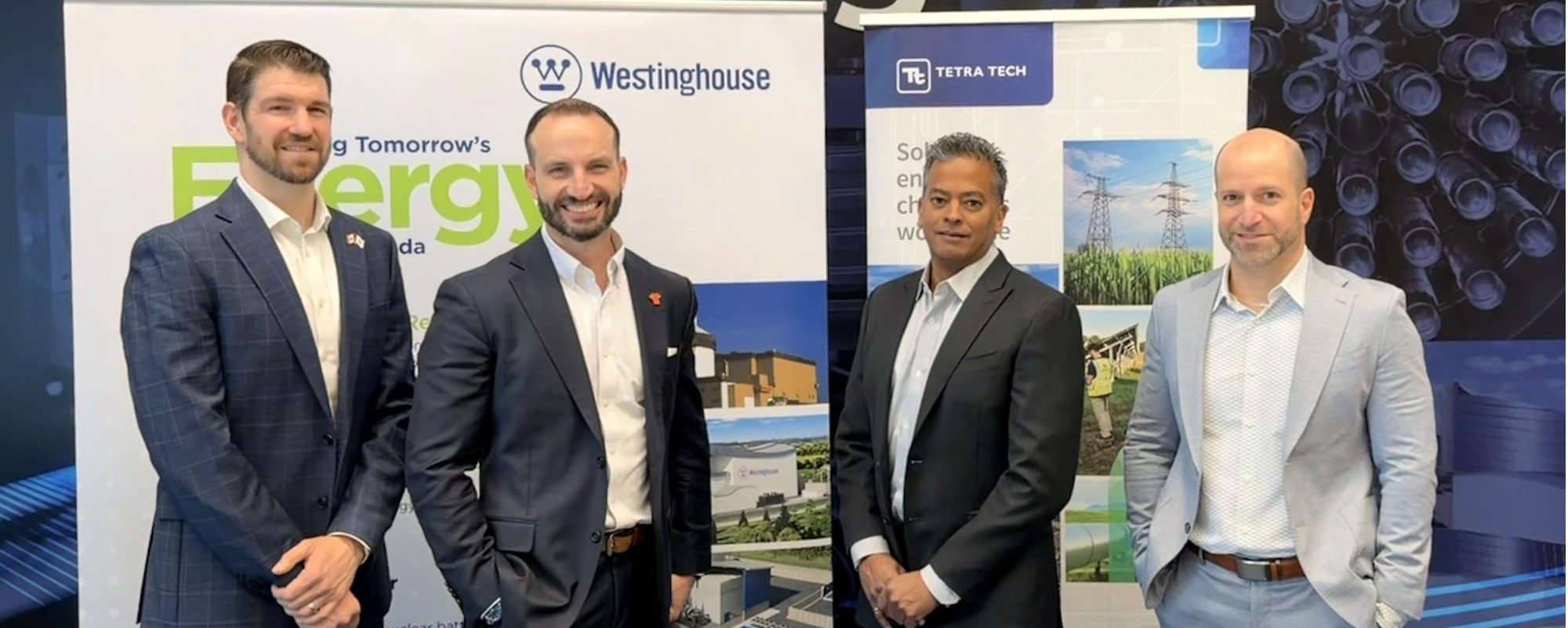 Westinghouse and Tetra Tech have signed an agreement to collaborate on AP1000® and AP300™ projects in Ontario. From left: Brian Schmidt, Canada Project Procurement Sr. Manager, Westinghouse; David Tanel, Westinghouse Regional Vice President, Global Markets; Sanjay Krishnan, Unit President, Nuclear Services, Tetra Tech; and Marwan Zayouna, Director, Business Strategy, Tetra Tech. Westinghouse and Tetra Tech have signed an agreement to collaborate on AP1000® and AP300™ projects in Ontario. From left: Brian Schmidt, Canada Project Procurement Sr. Manager, Westinghouse; David Tanel, Westinghouse Regional Vice President, Global Markets; Sanjay Krishnan, Unit President, Nuclear Services, Tetra Tech; and Marwan Zayouna, Director, Business Strategy, Tetra Tech.